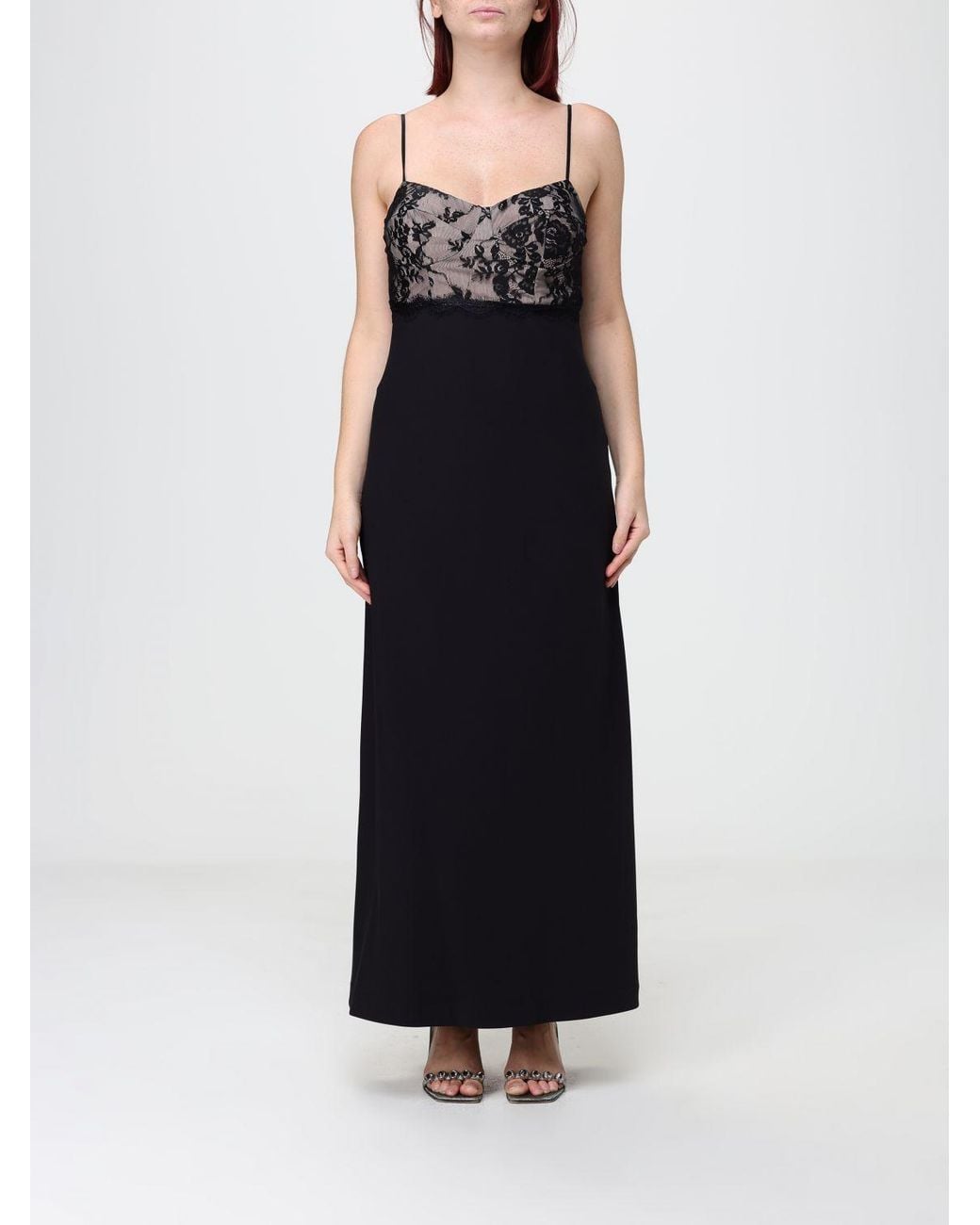 Hanita Black Crêpe Sheath Midi Dress With Lace Inserts And V-Neck