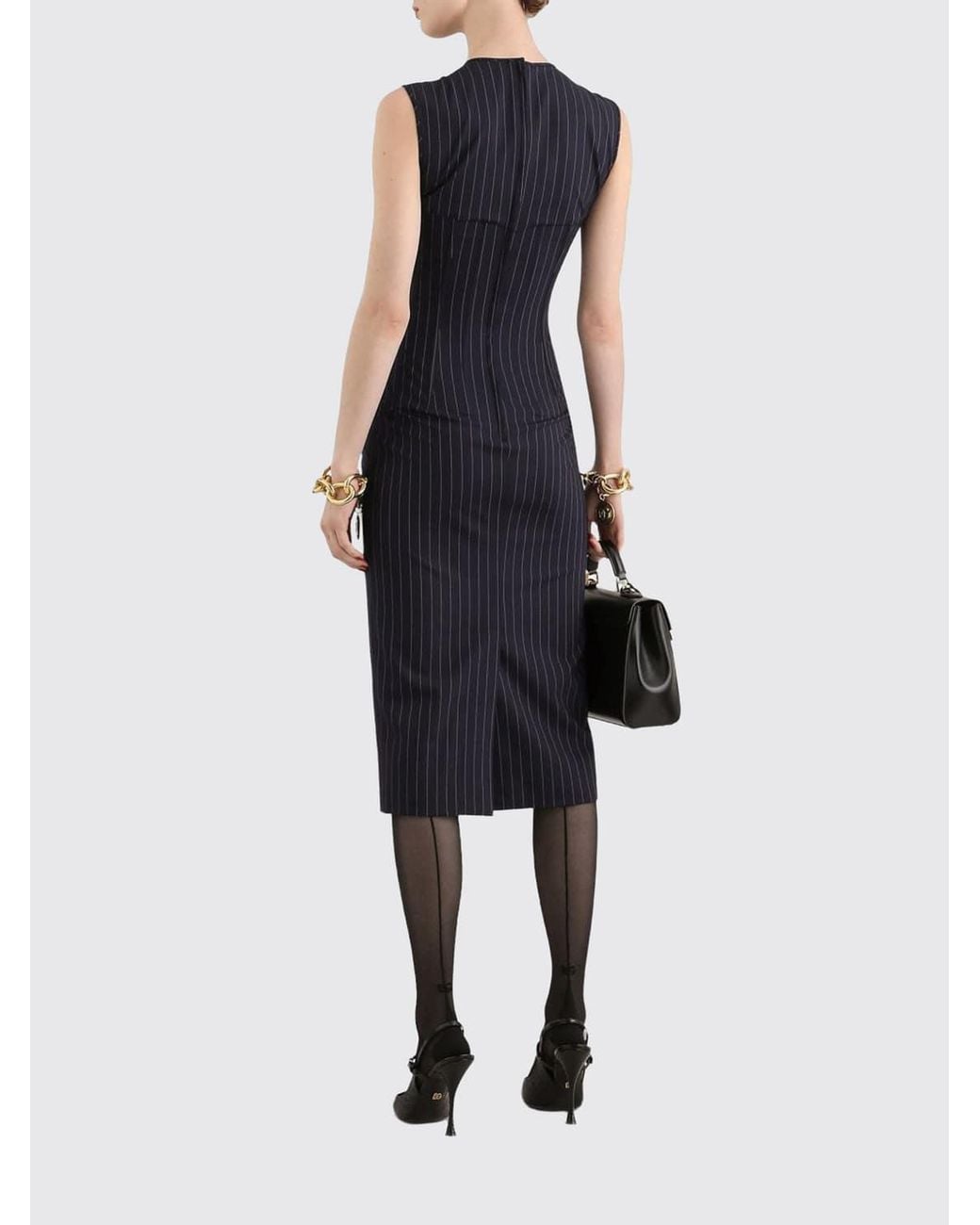 Dolce & Gabbana Blue Dolce &Amp Gabbana Sleeveless Pinstriped Wool Midi Sheath Dress