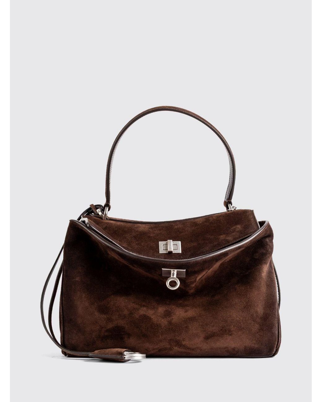 Balenciaga Brown Rodeo Small Suede Calfskin Handbag With Charm And Turn-Lock Closure