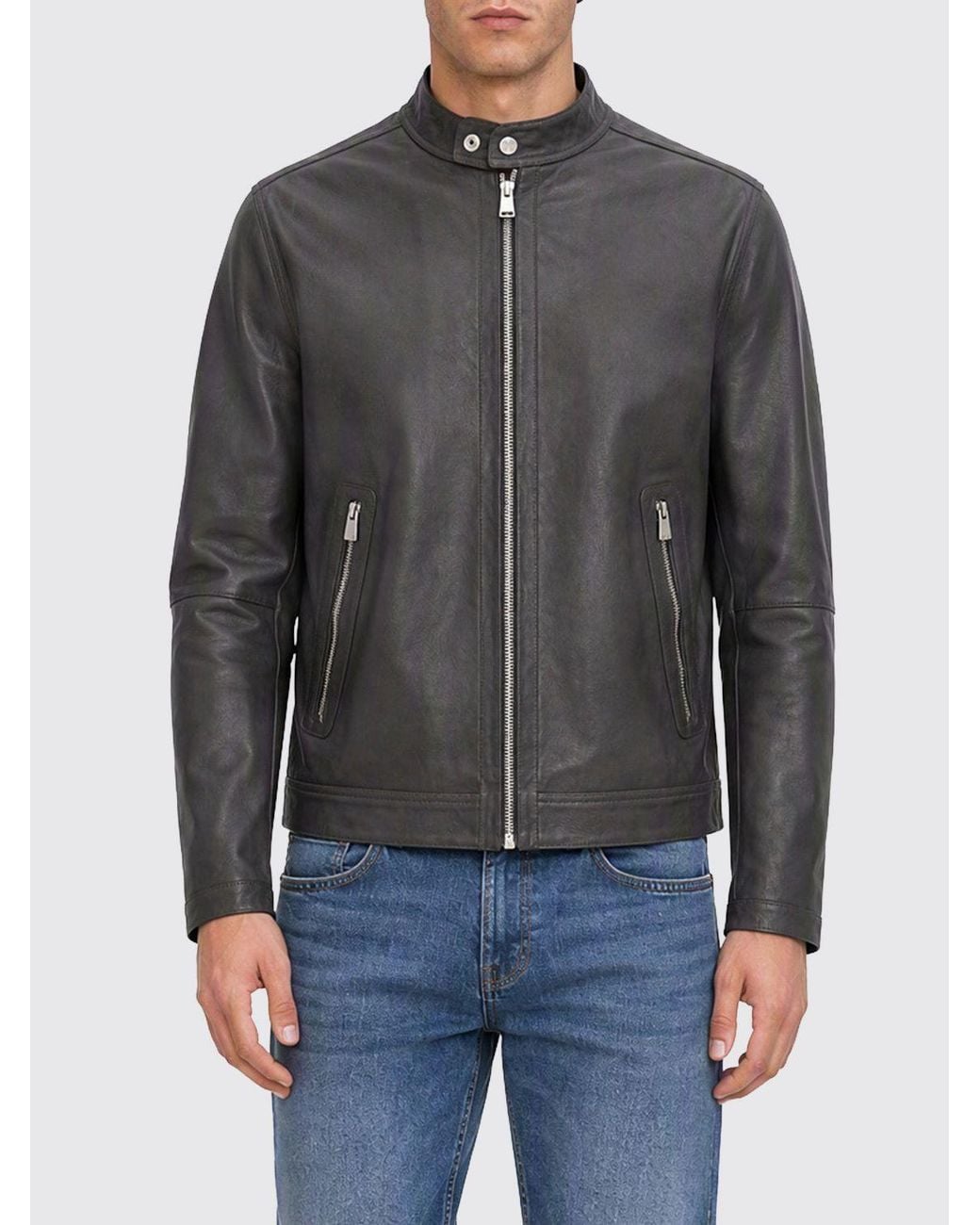 Boss Gray Short Leather Biker Jacket With Biker Collar And Metal Zip Closures for men