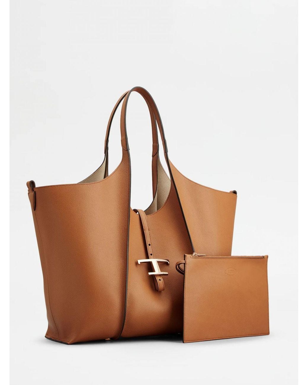 Tod's Brown T Timeless Grained Calfskin Shopping Bag With Logo