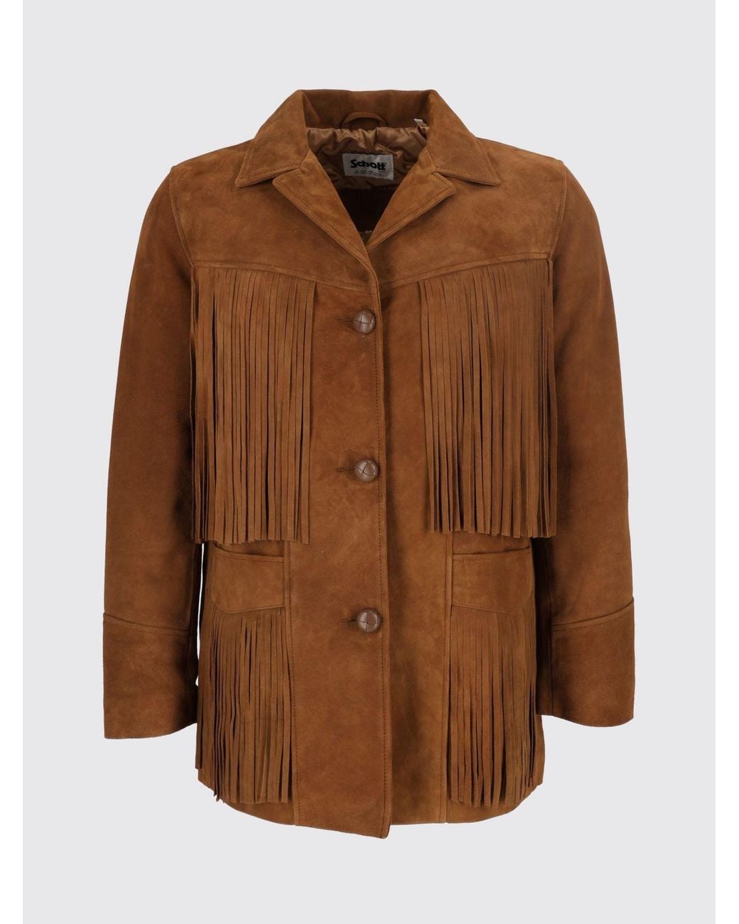 Schott Nyc Brown Suede Shirt Jacket With Fringes And Cuban Collar for men