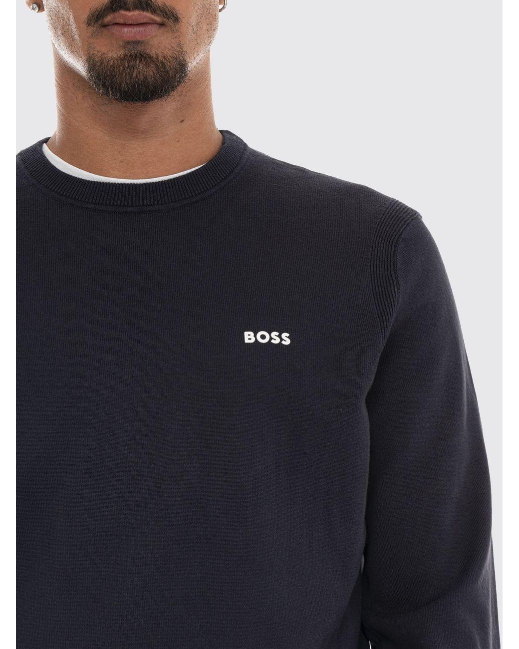 Boss Blue Slim Fit Cotton Crew-Neck Jumper With Contrasting Logo for men