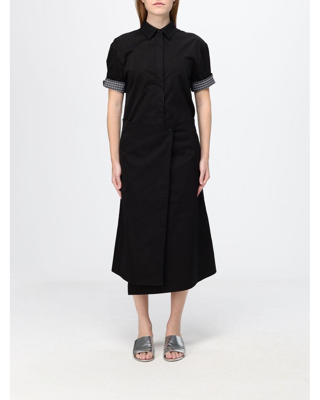 Loewe Black Asymmetric Hem Silk And Cotton Wrap Midi Shirt Dress