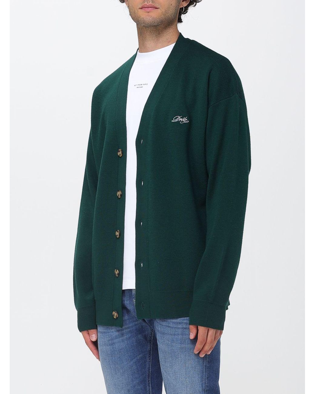Drole de Monsieur Green V-Neck Wool Cardigan With Embroidered Logo for men
