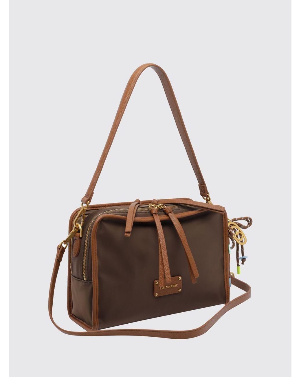 La Carrie Brown Nylon Shoulder Bag With Logo Charm And Removable Strap