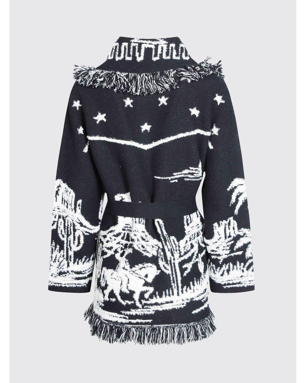 Alanui Blue Jacquard Cashmere And Wool Cardigan With Fringes And Belt