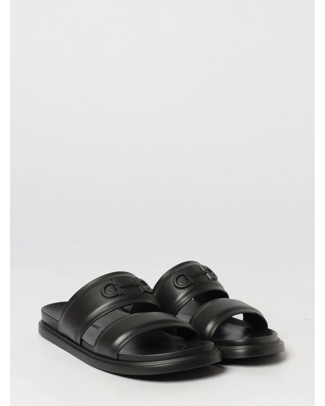 Ferragamo Black Embossed Gancini Logo Rubber Flat Sandals
