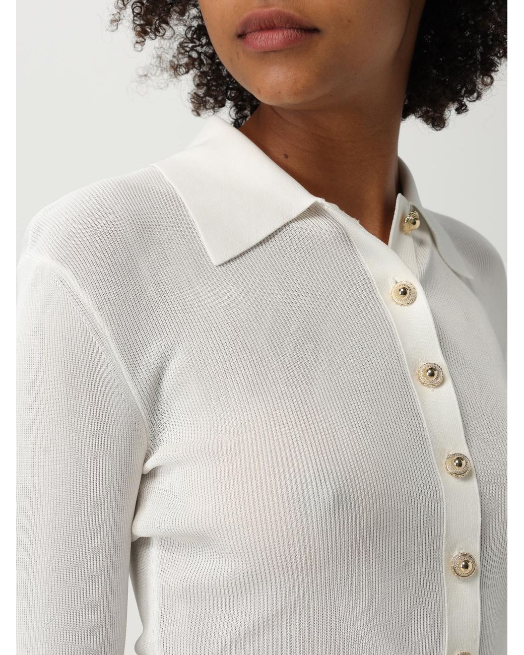 Self-Portrait White Ribbed Knit Collared Button-Up Top With Long Sleeves For Stylish Comfort