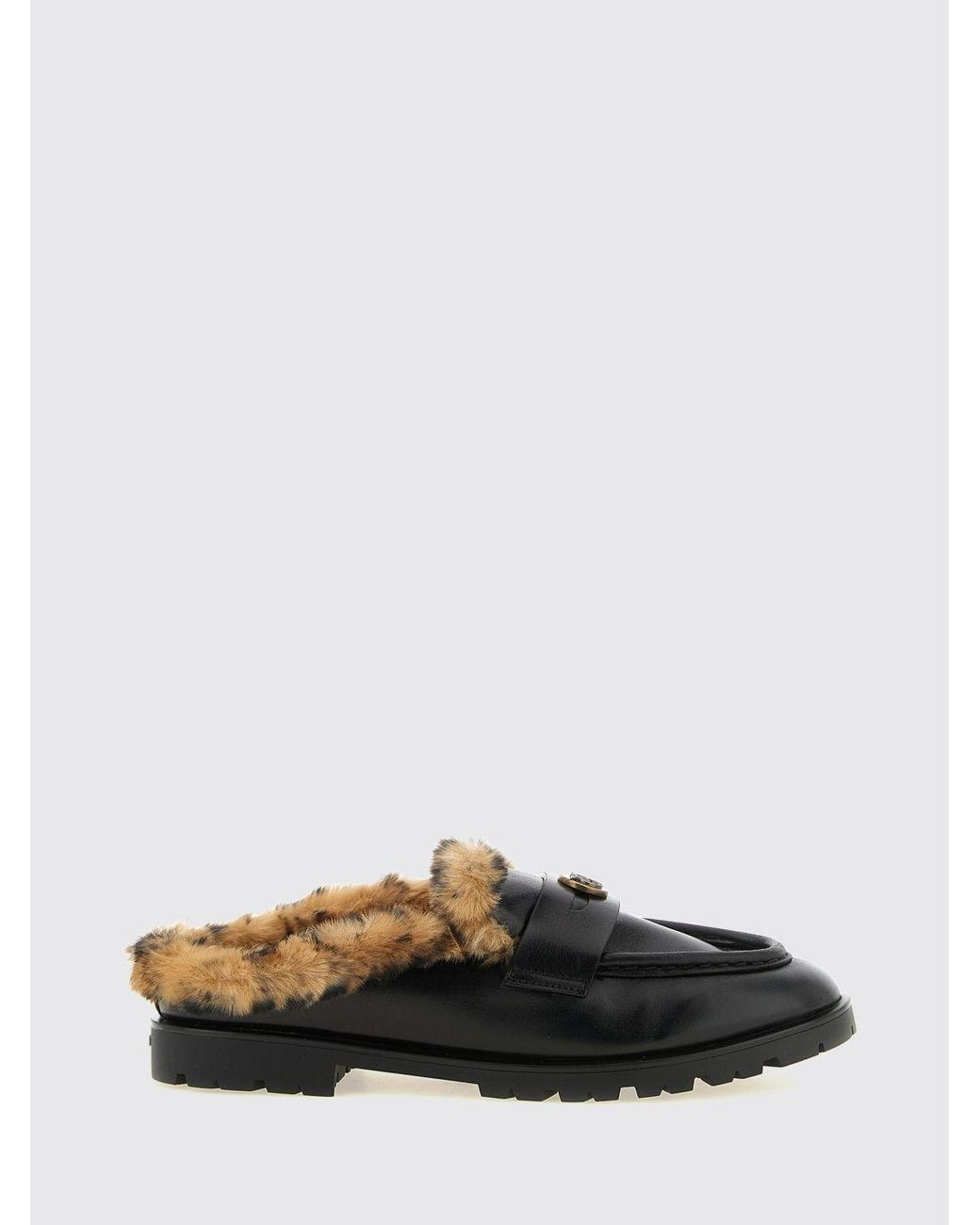 Pinko Black Nora Shearling-Lined Leather Loafer Mules With Love Birds Logo