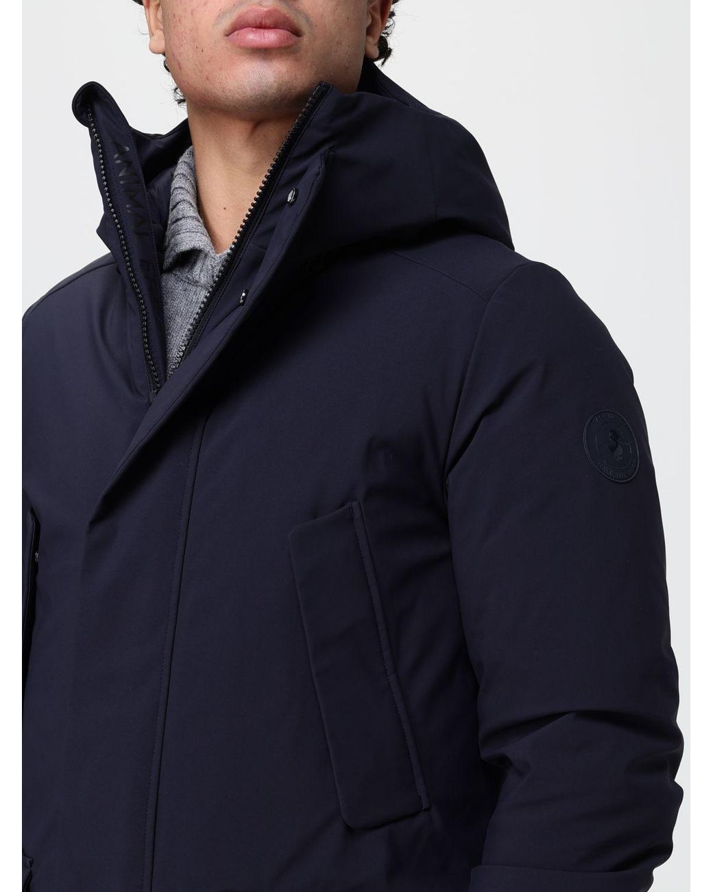 Save The Duck Blue Knee-Length Softshell Parka With Hood And High Neck for men