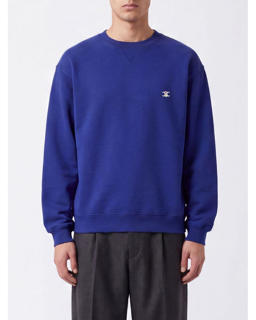 Céline Blue Triomphe Logo Contrast-Embroidered Cotton Crewneck Sweatshirt for men