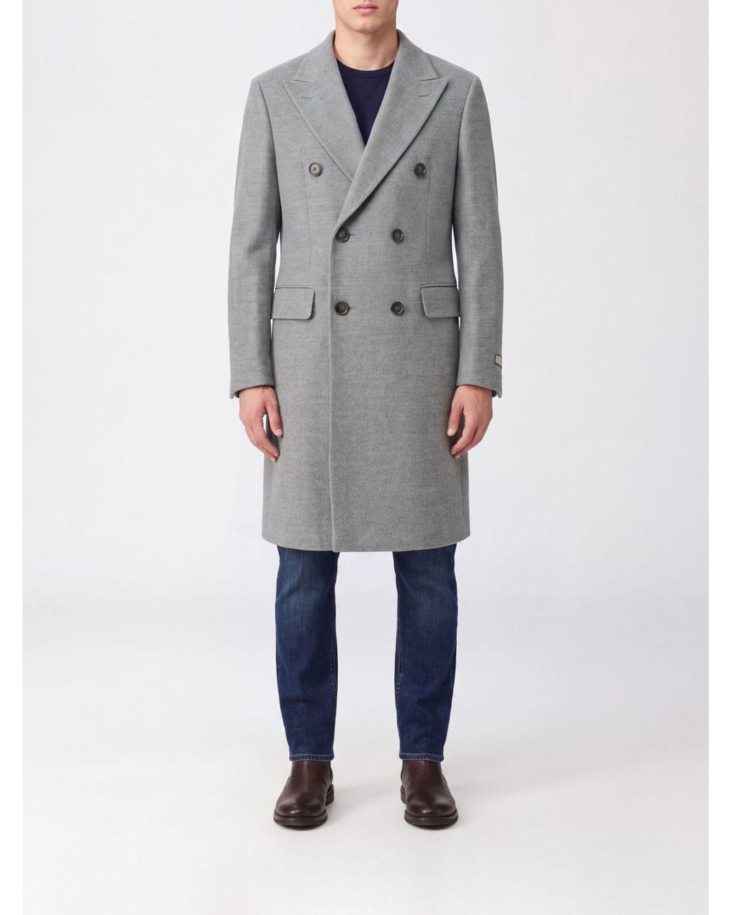 Canali Gray Double-Breasted Knee-Length Wool Coat With Peak Lapels for men