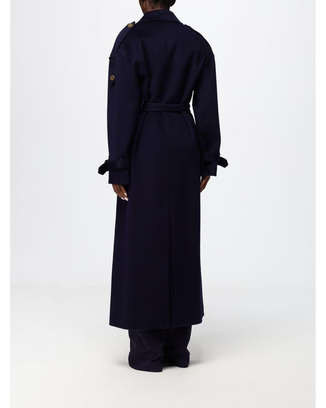Elisabetta Franchi Blue Double-Breasted Long Wool Coat With Belt