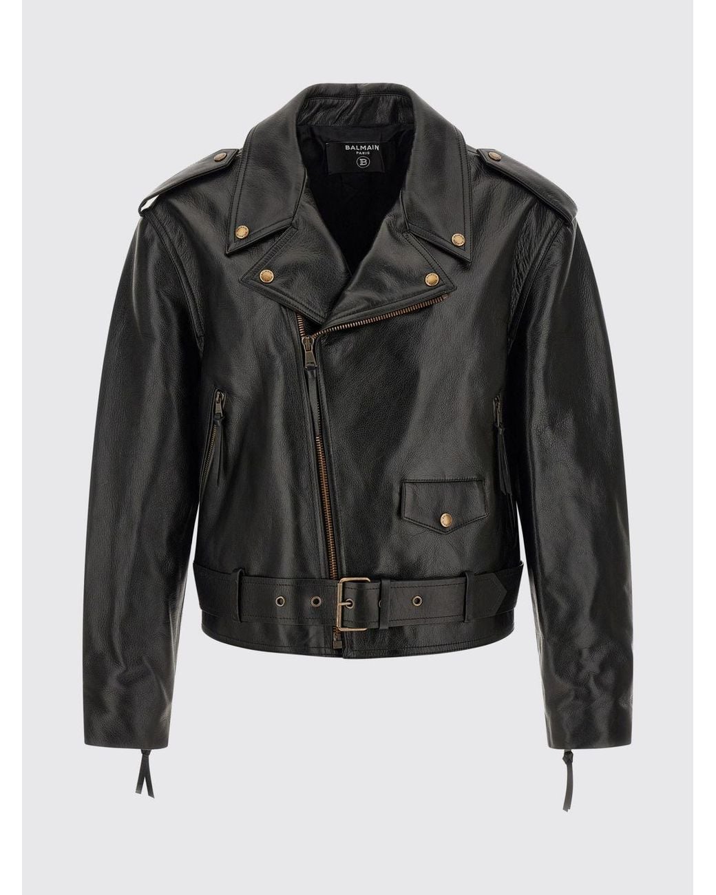 Balmain Black Smooth Leather Biker Jacket With Lapel Collar And Asymmetrical Zip for men
