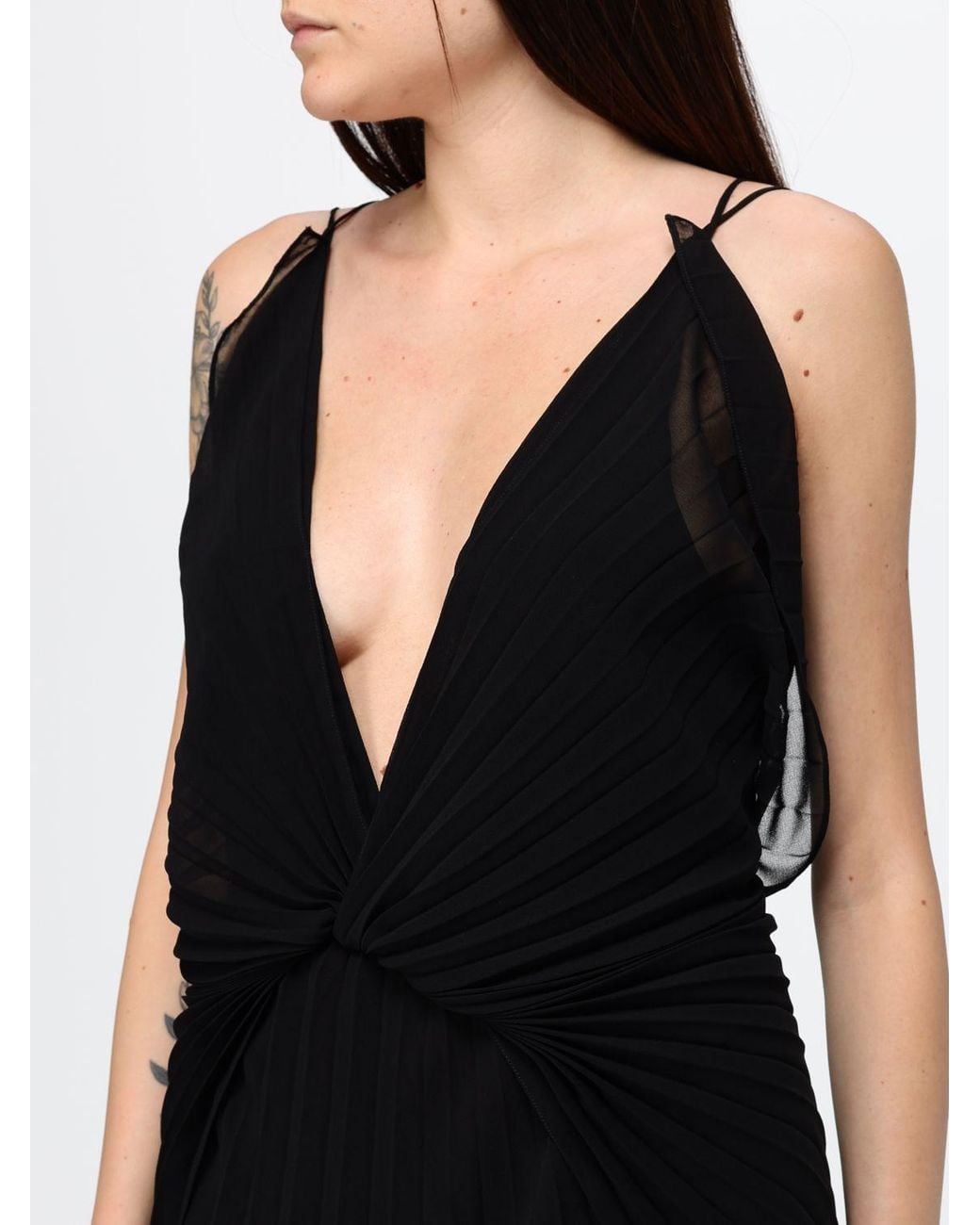 Genny Black Pleated Chiffon Evening Gown With Train