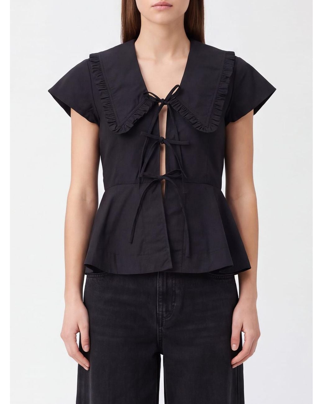 Ganni Black Organic Cotton Blouse With Sailor Collar And Ruffles