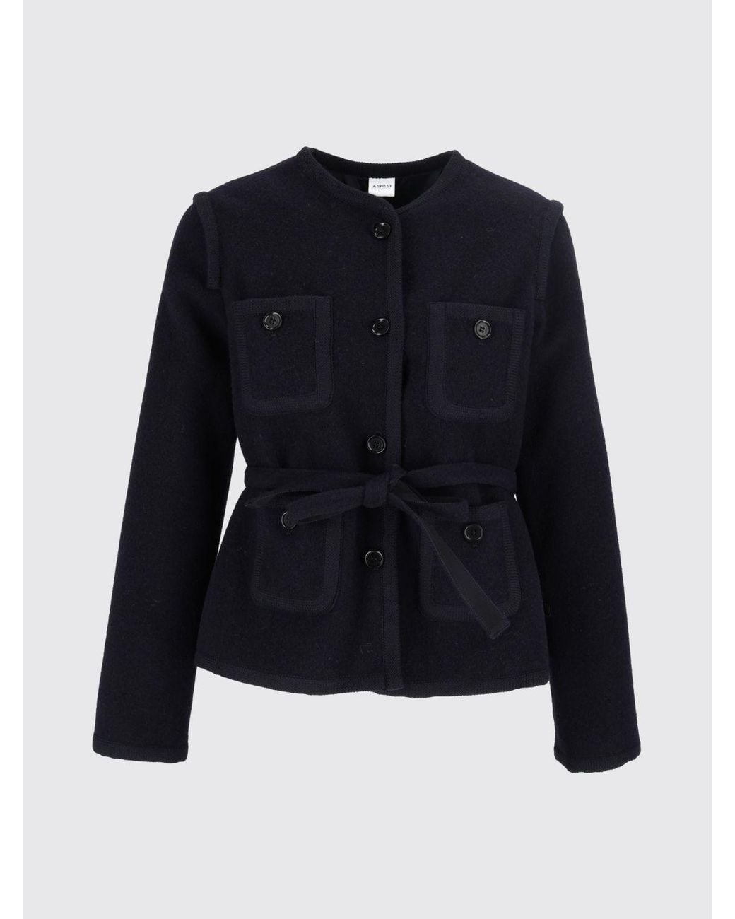 Aspesi Blue Virgin Wool Blazer With Crew Neck And Waist Tie