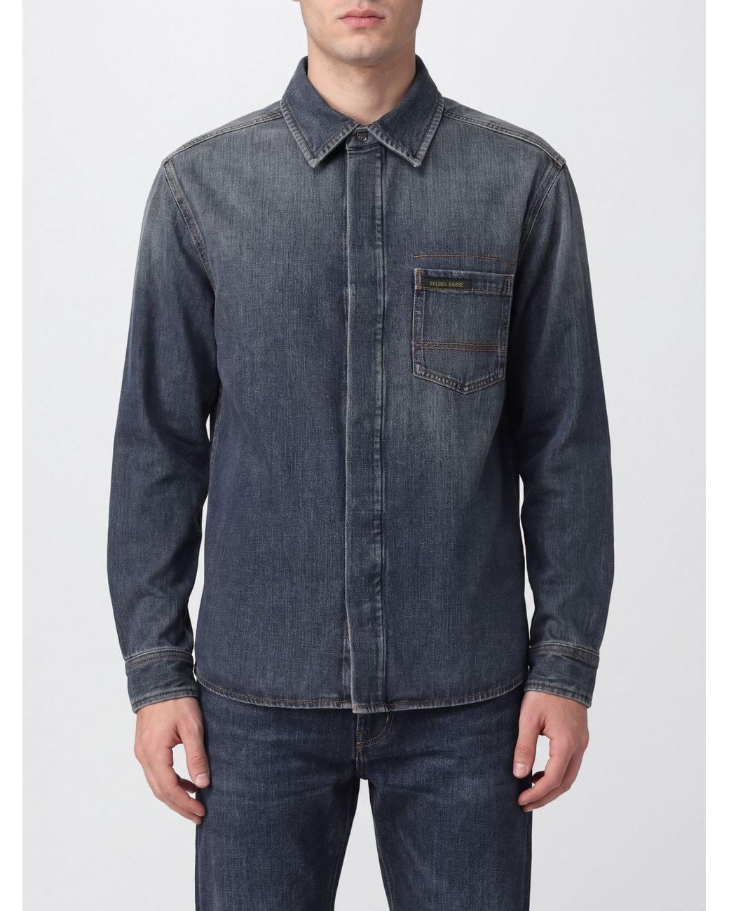 Golden Goose Deluxe Brand Blue Slim Fit Cotton Denim Shirt With French Collar for men