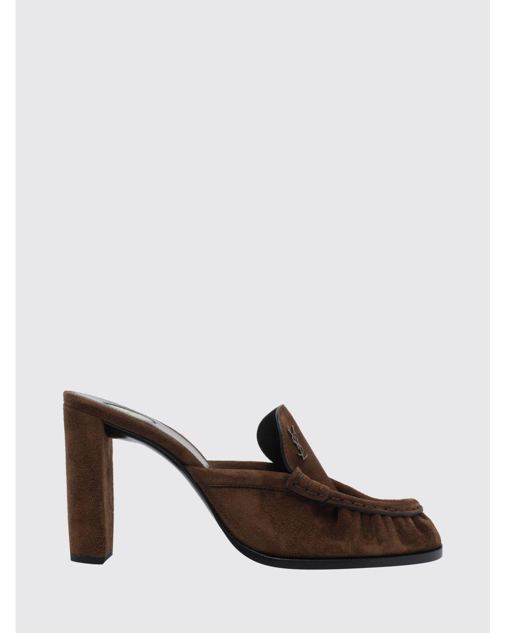 Saint Laurent Brown Le Loafer Suede Mules With High Block Heel And Ysl Logo