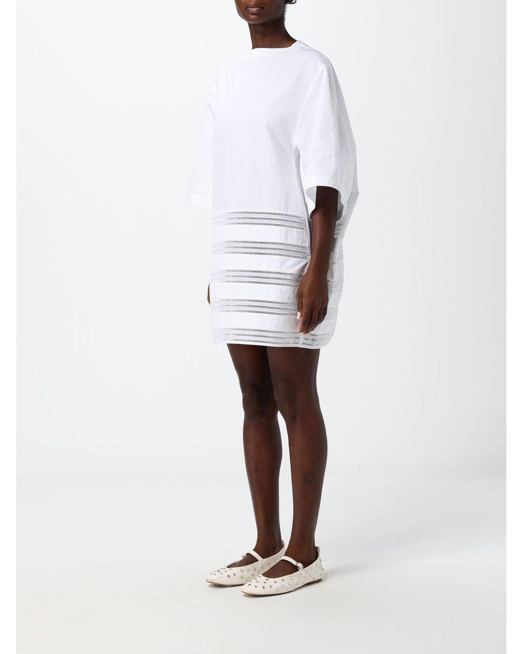 Alaïa White Perforated Cotton Poplin Mini Tunic With Short Sleeves