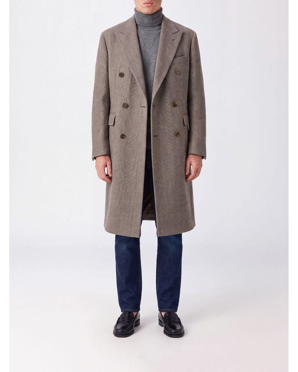 Tagliatore Natural Chevron Pattern Double-Breasted Wool Coat With Peak Lapels for men