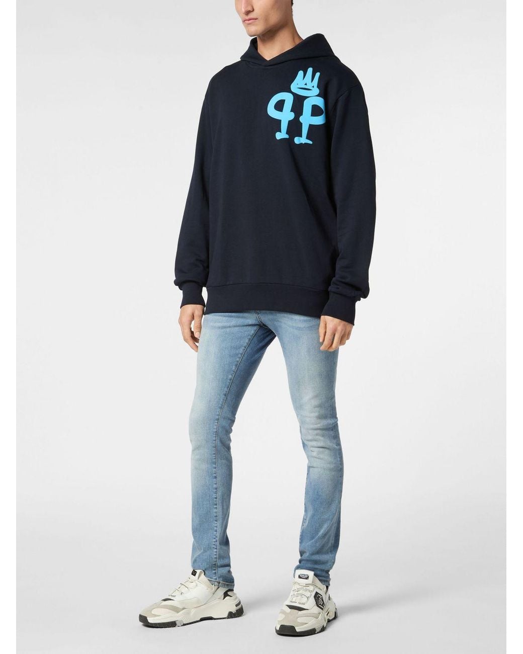 Philipp Plein Blue Contrast Logo Cotton Hoodie With Kangaroo Pocket And Dropped Shoulders for men