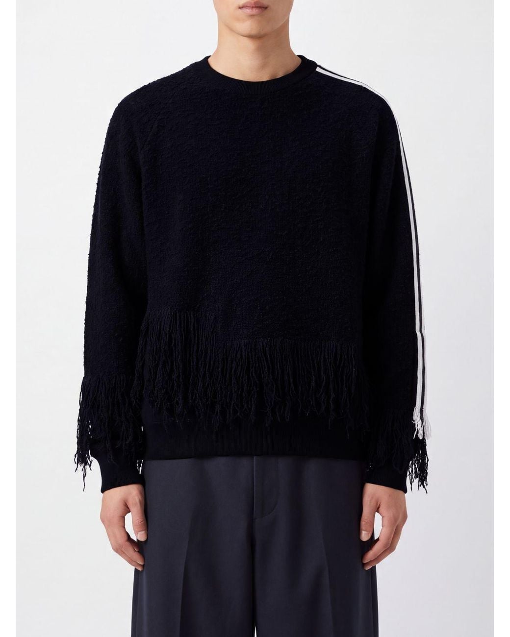 Y-3 Blue Relaxed Fit Wool Crewneck Jumper With Embroidery And Fringes for men