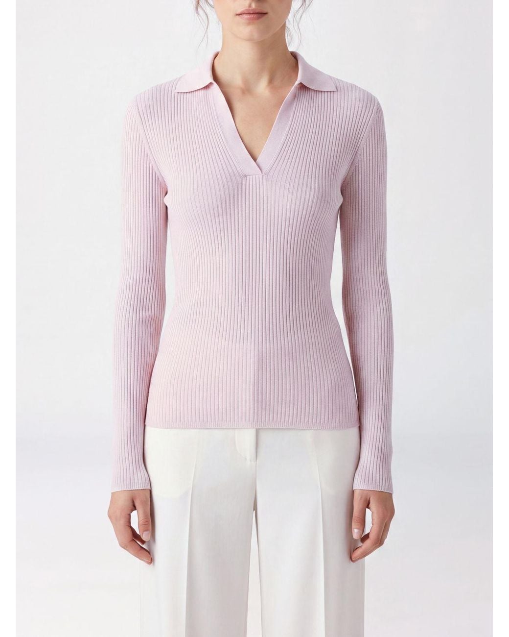Max Mara Pink Ribbed Silk And Cashmere Knit Polo With V-Neck And Slim Fit