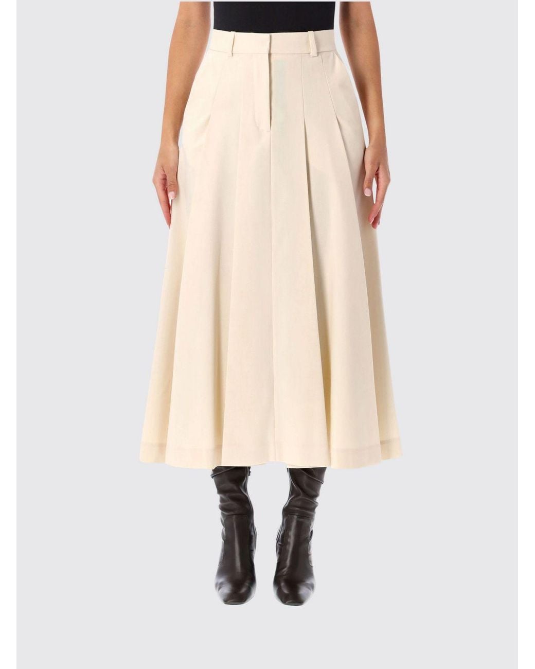 By Malene Birger Natural High-Waisted Pleated Midi Skirt