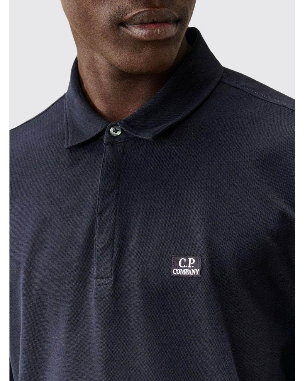 C P Company Blue Long-Sleeved Cotton Polo Shirt With Contrast Logo And Ribbed Collar for men