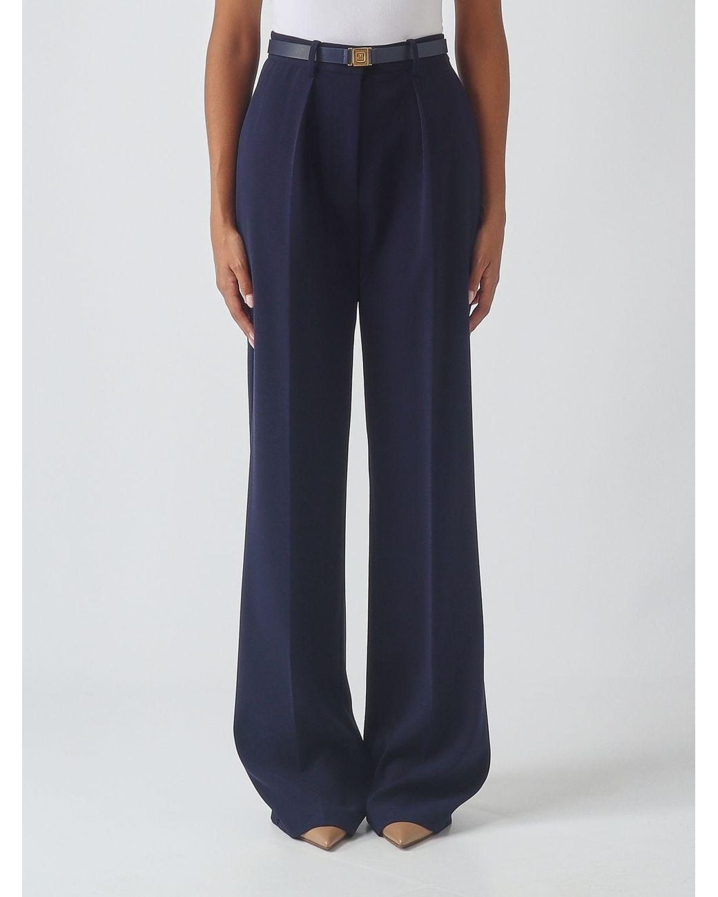 Elisabetta Franchi Blue High-Waisted Wide-Leg Crêpe Trousers With Logo Belt