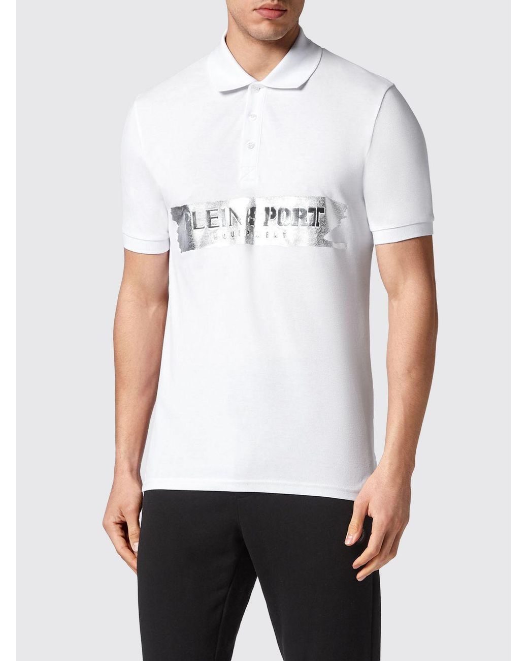 Philipp Plein White Slim Fit Cotton Polo Shirt With Laminated Hexagon Logo for men