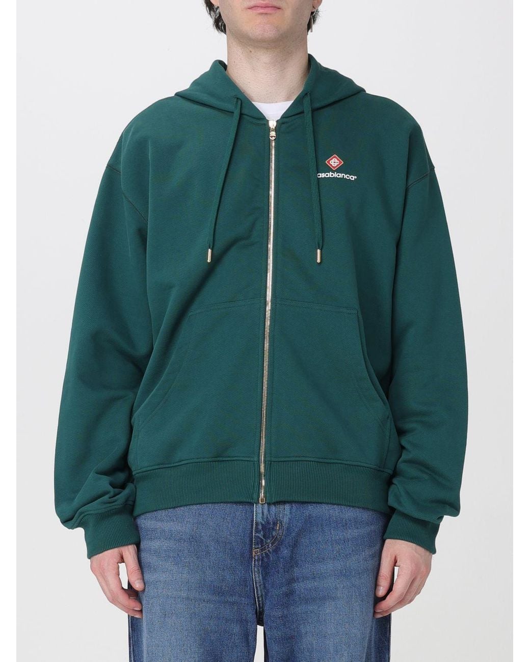 Casablanca Green Relaxed Fit Cotton Hoodie With Zip And Contrast Logo for men