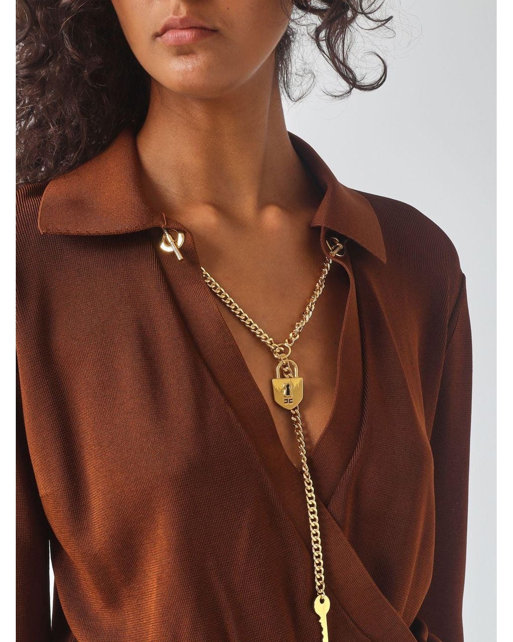 Elisabetta Franchi Brown Long-Sleeved Blouse With Metallic Mesh Details