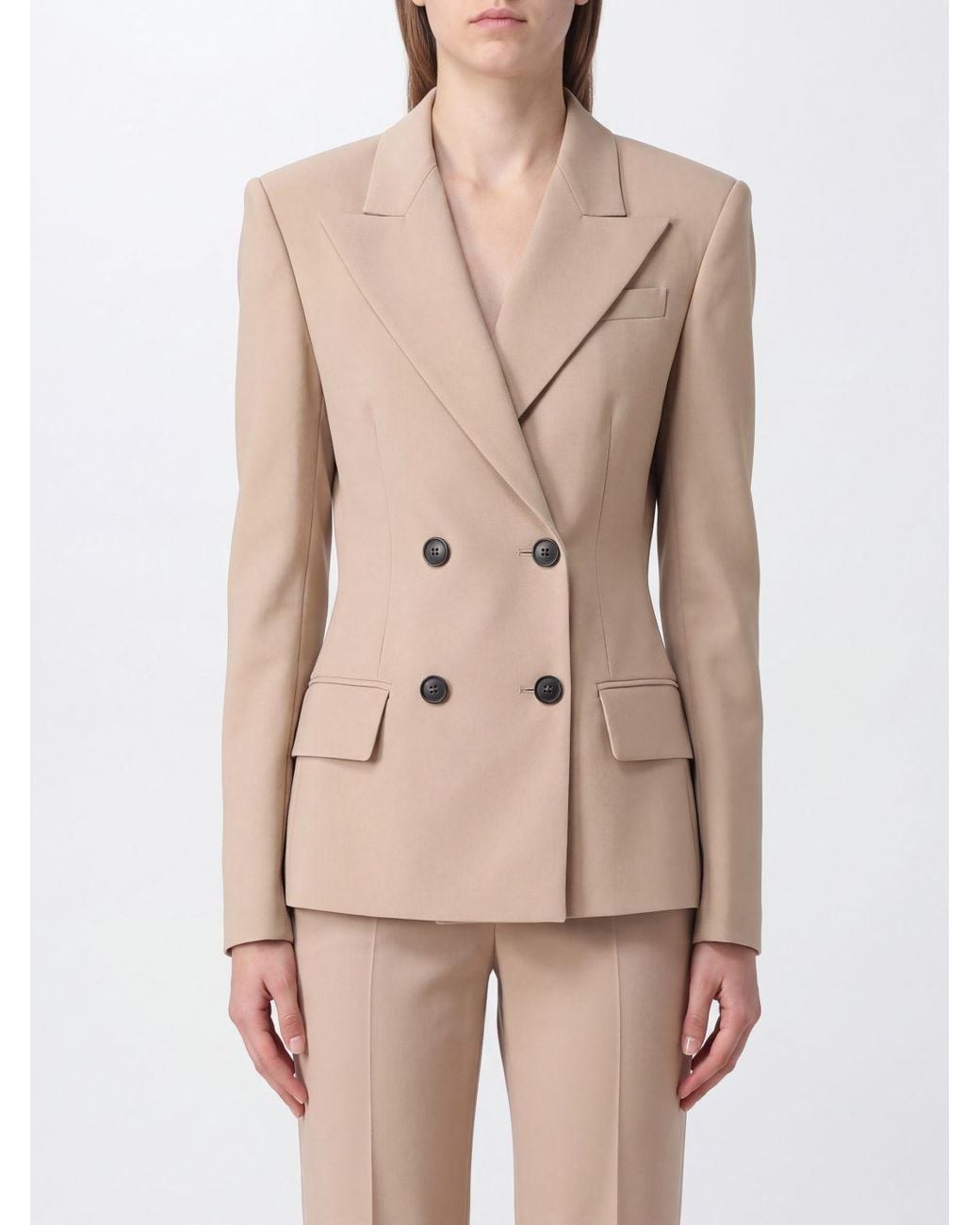 Sportmax Natural Slim Fit Double-Breasted Virgin Wool Blazer With Peak Lapels