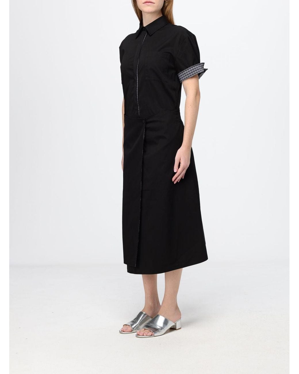 Loewe Black Asymmetric Hem Silk And Cotton Wrap Midi Shirt Dress