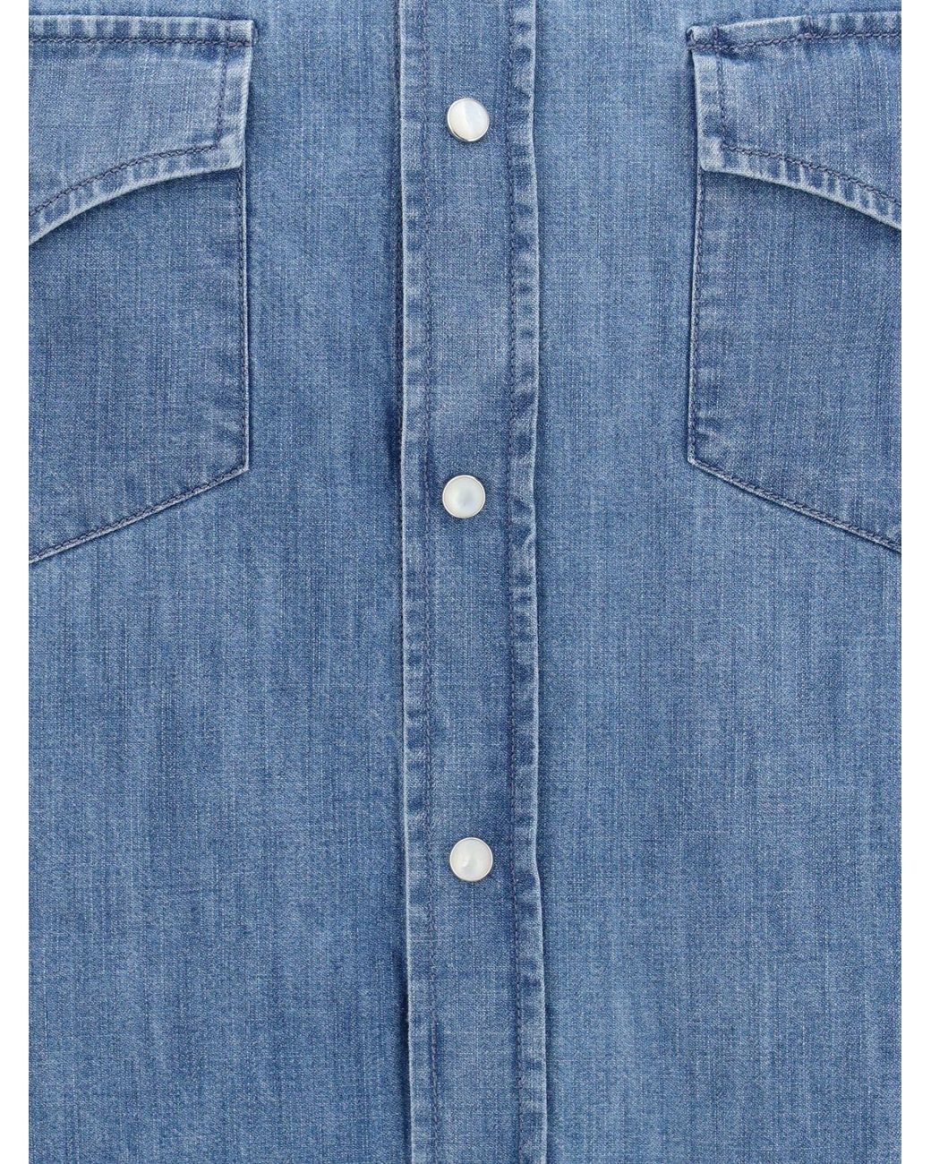 Brunello Cucinelli Blue Cotton Shirt With French Collar for men