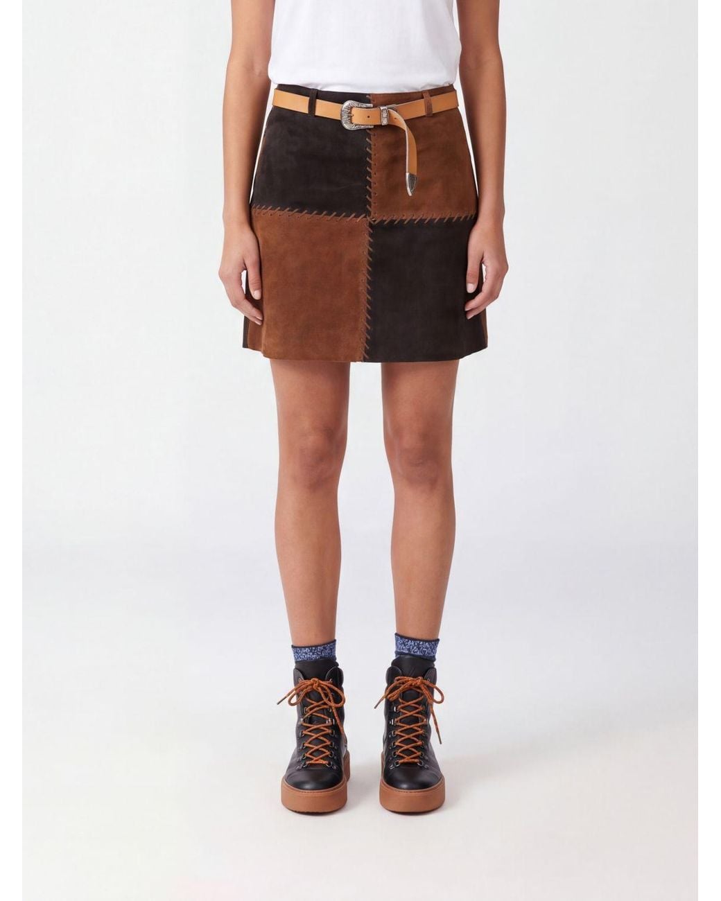 La Martina Brown High-Waisted Check Suede Leather Pencil Midi Skirt
