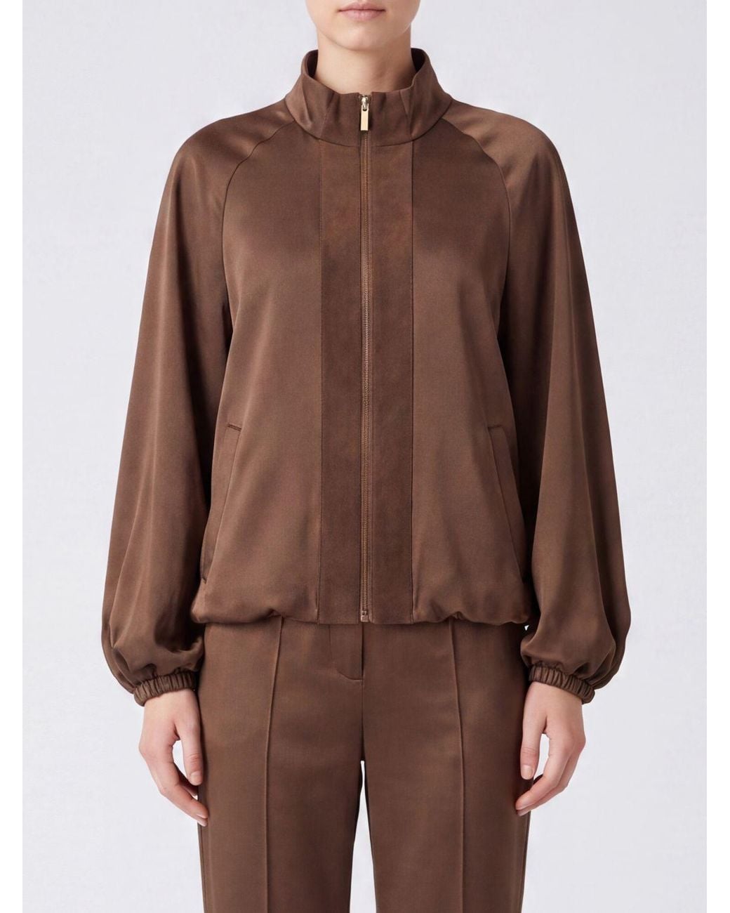 Twinset Brown Cropped Polyester Bomber Jacket With Balloon Sleeves