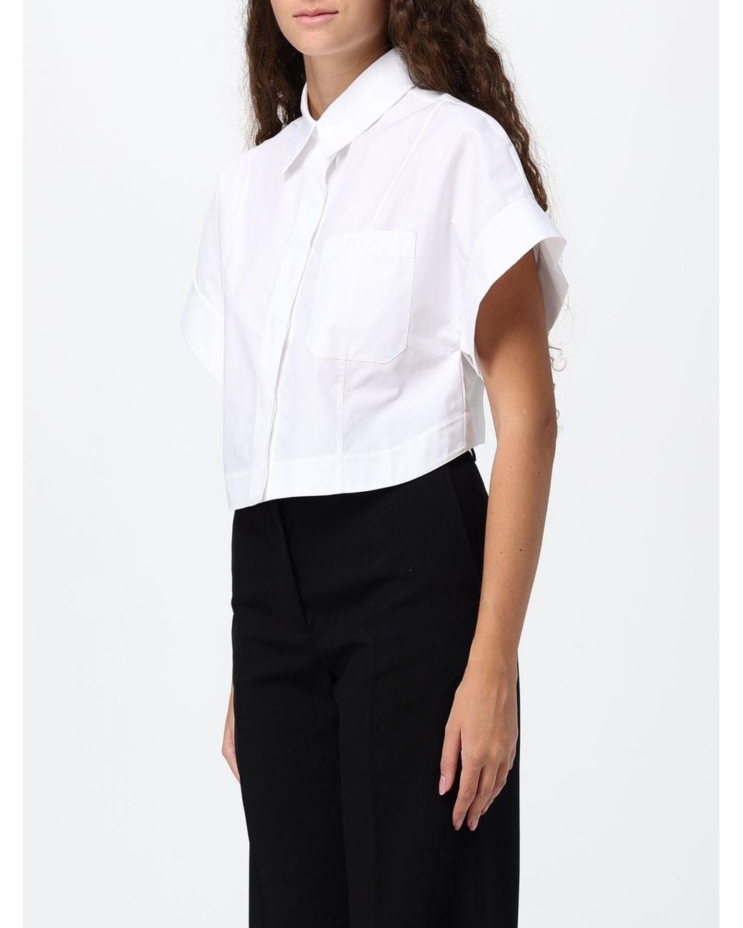 Fendi White Cropped Cotton Poplin Shirt With Patch Pocket And Short Sleeves