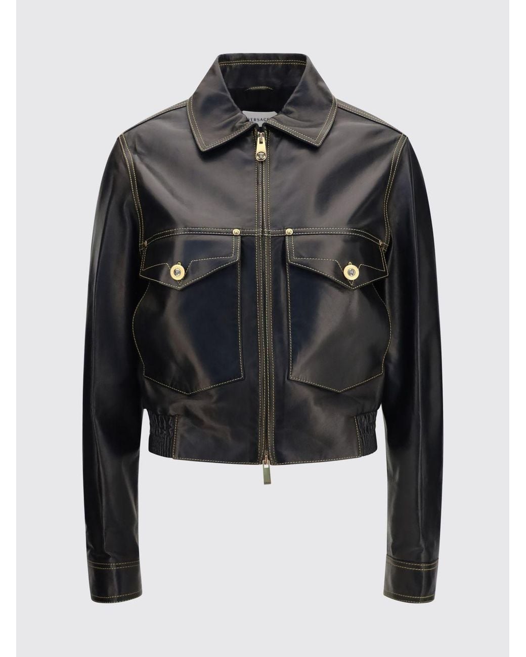 Versace Blue Cropped Lambskin Leather Shirt Jacket With Patch Pockets