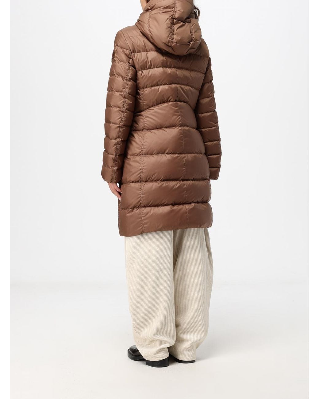 Peuterey Brown Knee-Length Quilted Nylon Down Jacket With Hood And Slit Pockets