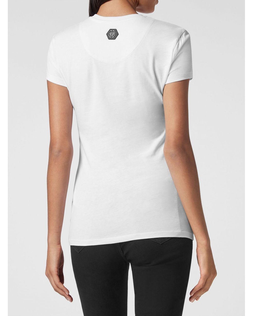Philipp Plein White Gothic Jersey T-Shirt With Rhinestone Logo Application