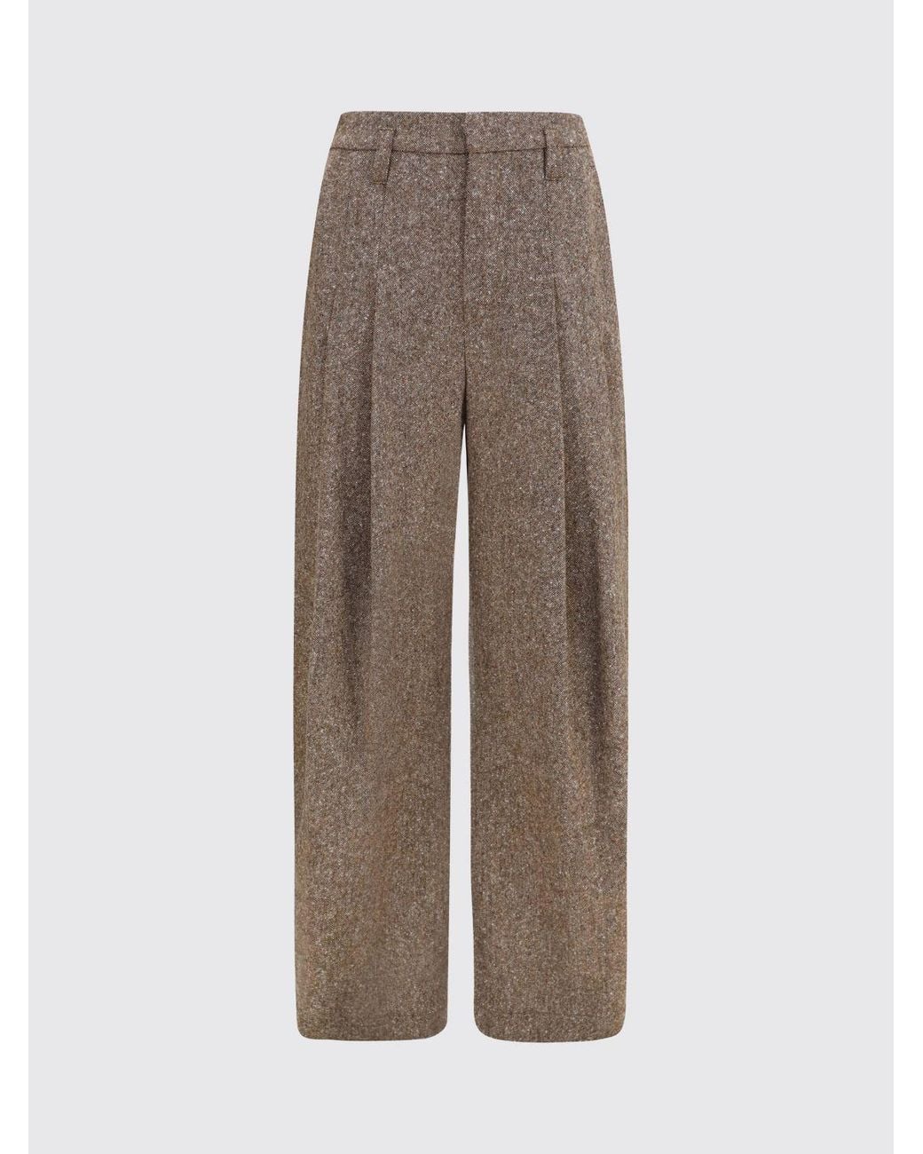 Brunello Cucinelli Natural High-Waisted Virgin Wool Palazzo Trousers With Monili