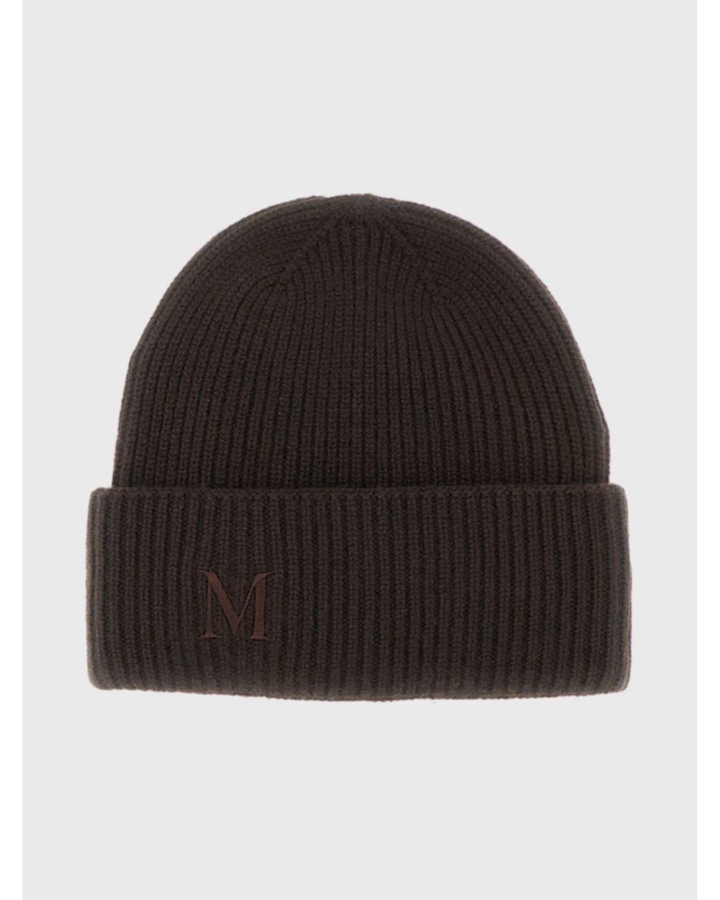 Max Mara Black Ribbed Wool Beanie Hat With Jacquard Logo And Cuff