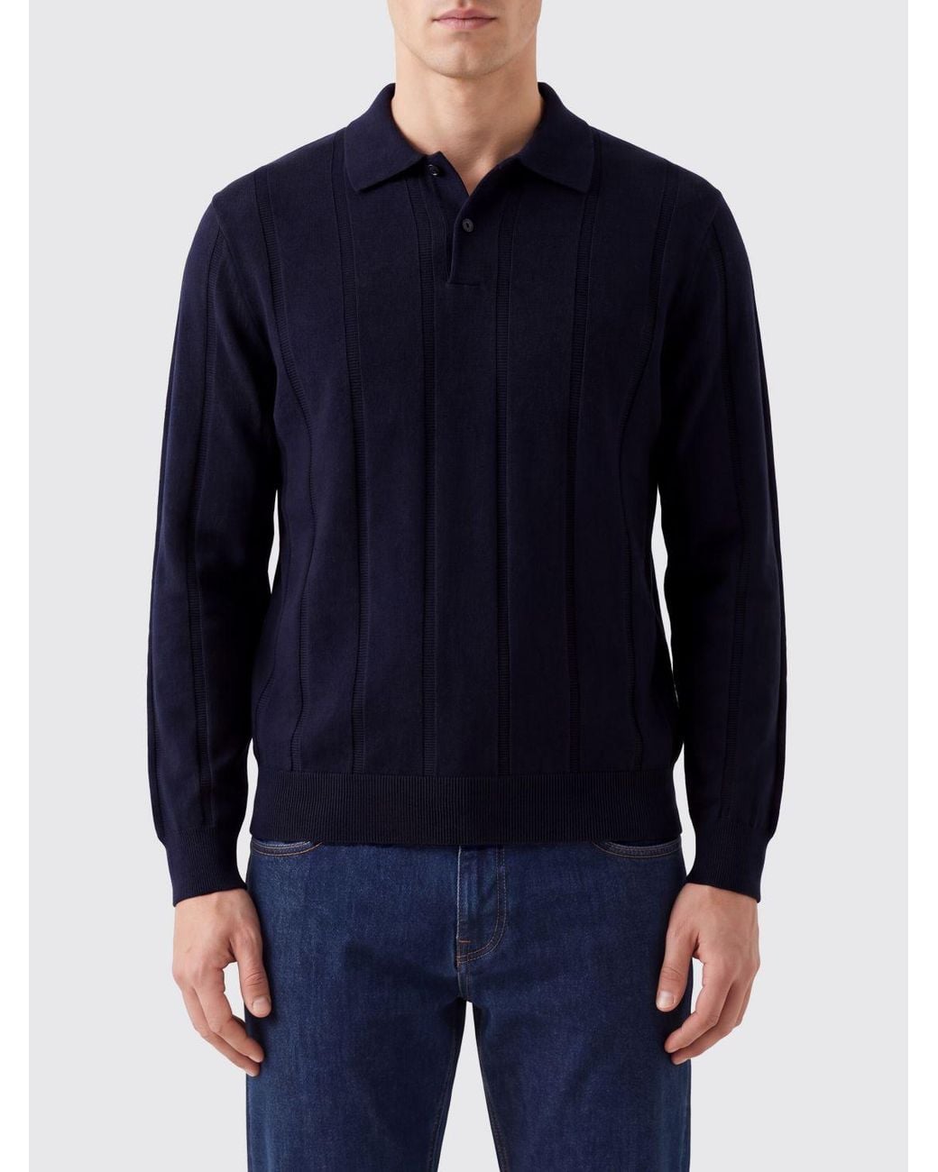 Canali Blue Long-Sleeved Virgin Wool Knit Polo With A Two-Button Placket for men