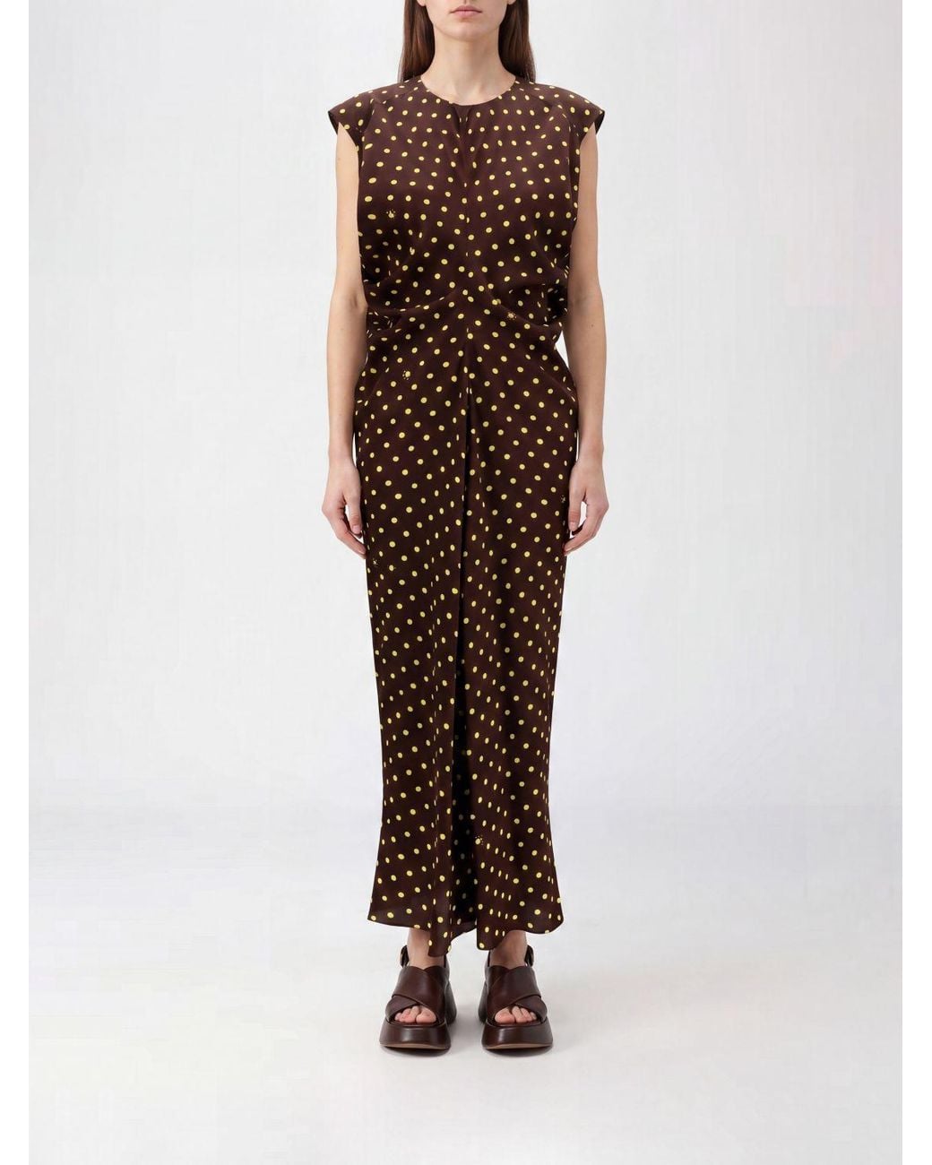 Marni Brown Polka-Dot Silk-Blend Midi Tunic With Padded Shoulders And Tie Closure
