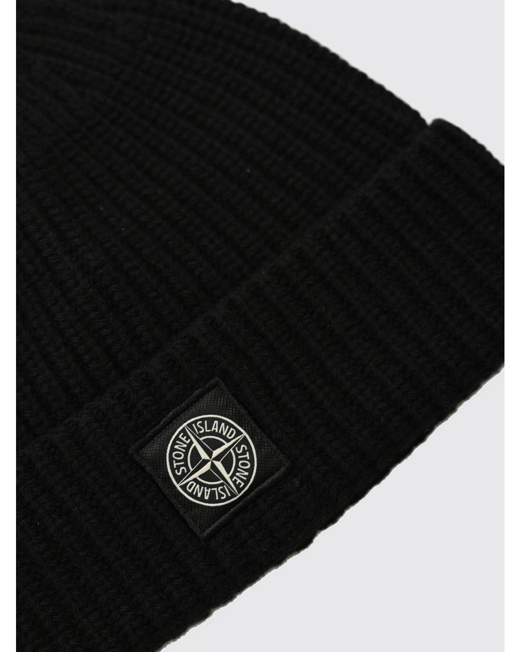 Stone Island Black Ribbed Virgin Wool Beanie Hat With Compass Logo for men
