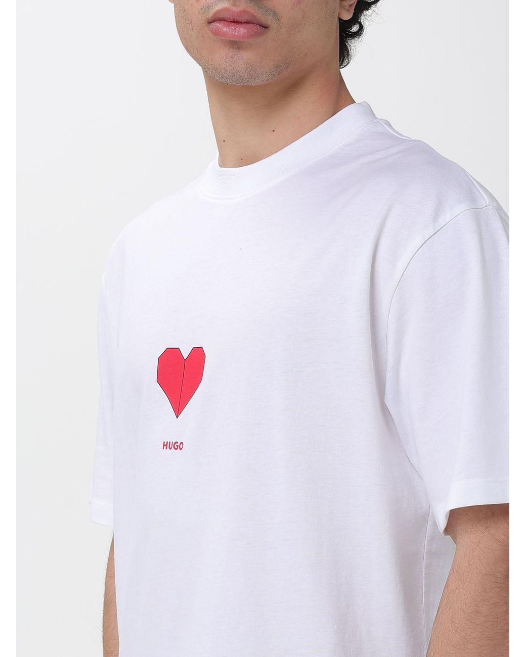 HUGO White Dalentin Cotton T-Shirt With Origami Heart Print for men